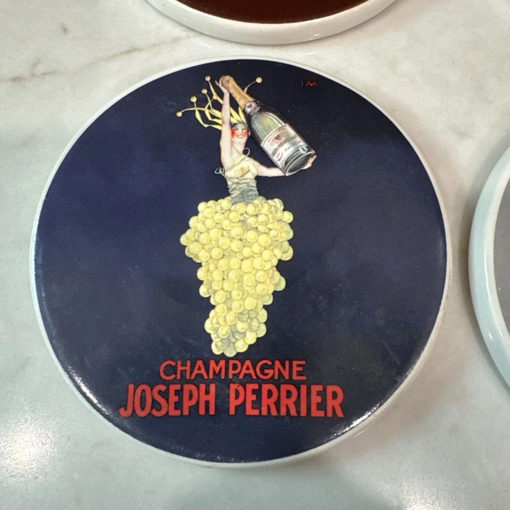 Pottery Barn 4 Bubbly Cocktail Plates Champagne Perrier Contratto Fournier Veuve